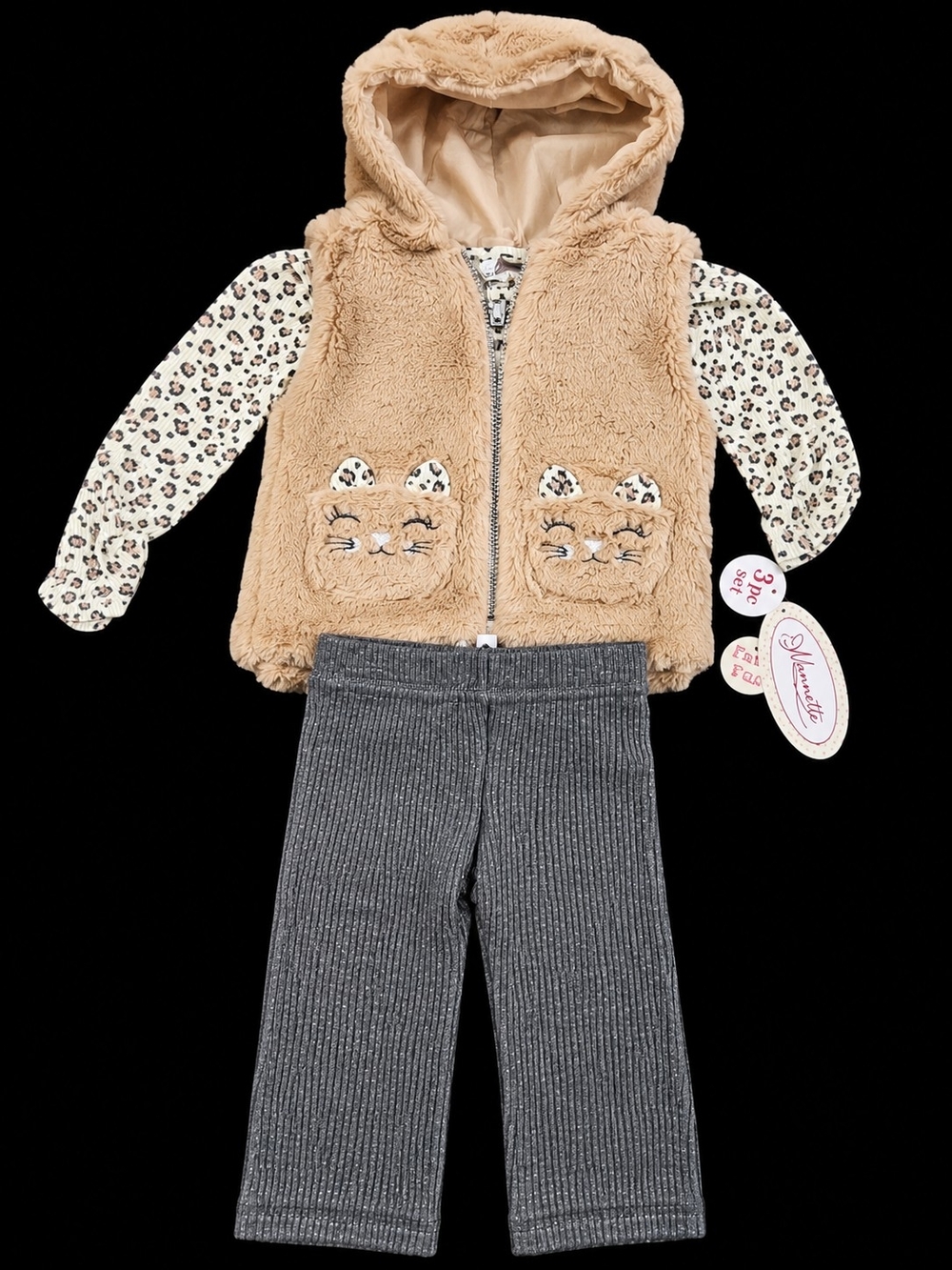 Plush Hooded Vest & Leopard Top Set - Tan and Gray